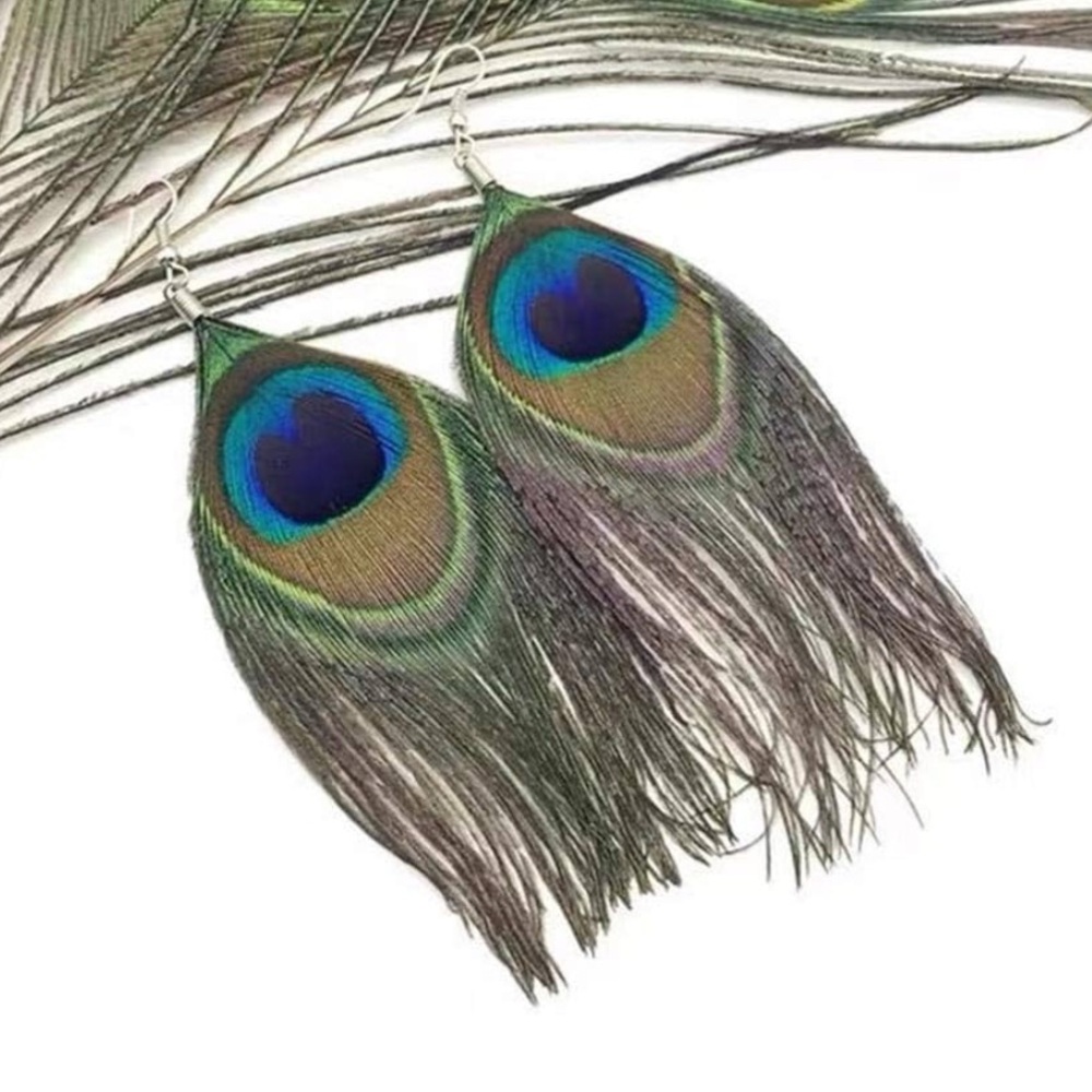 Peacock Feather Statement Dangle Earrings 5.5” Long Boho Festival - Picture 5 of 5